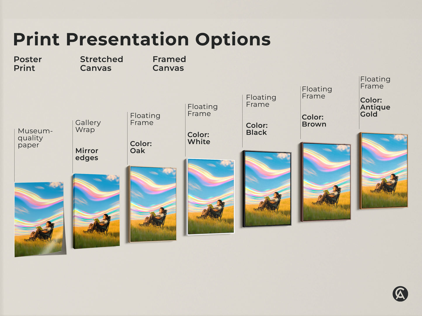 Explore print presentation options with this abstract nature canvas. Choose from poster prints stretched canvas or framed canvas. Each features a surreal person reading in a field. Find the perfect boho sky artwork for your decor with museum-quality edges.
