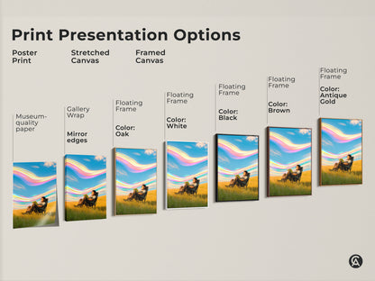 Explore print presentation options with this abstract nature canvas. Choose from poster prints stretched canvas or framed canvas. Each features a surreal person reading in a field. Find the perfect boho sky artwork for your decor with museum-quality edges.