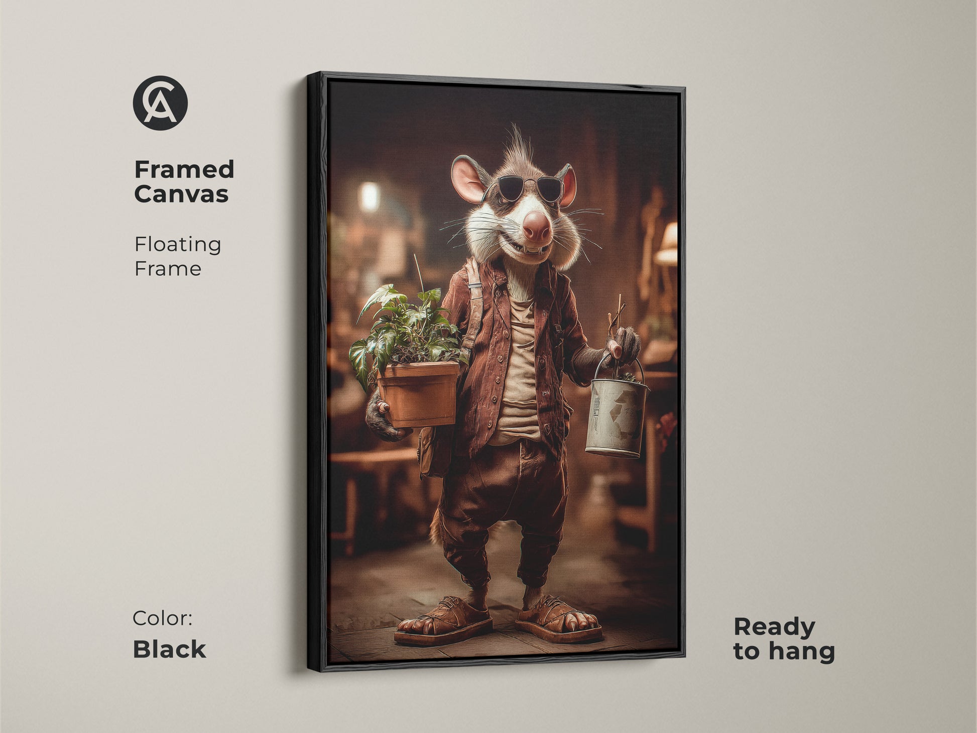 Framed canvas of a whimsical rat art print. This floating frame in black showcases the animal nature artwork beautifully. Ready to hang this piece adds an eclectic touch to any wall. Perfect for tan and brown decor themes.