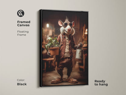 Framed canvas of a whimsical rat art print. This floating frame in black showcases the animal nature artwork beautifully. Ready to hang this piece adds an eclectic touch to any wall. Perfect for tan and brown decor themes.