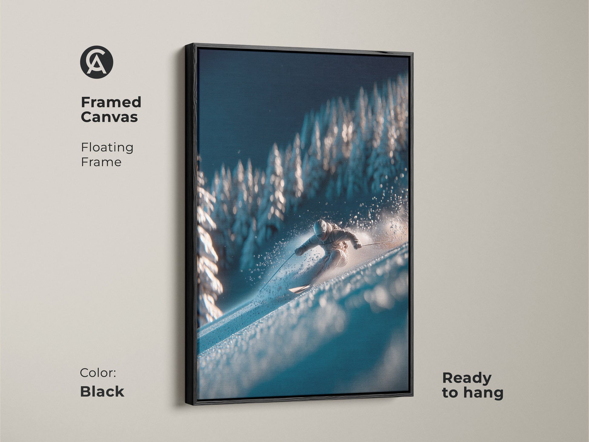Add a touch of modern elegance with this black framed canvas artwork. The skier's silhouette stands out against the snowy backdrop. The floating frame adds depth and dimension. This ready-to-hang piece brings a contemporary feel to your decor.