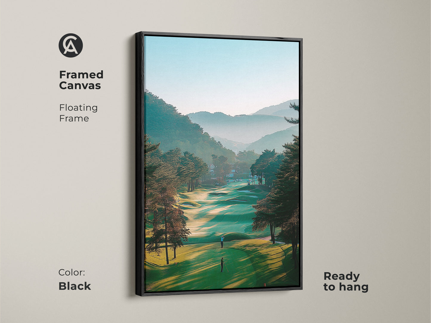 Enhance your decor with this framed canvas golf course artwork. The floating frame adds depth to the vibrant landscape. The black frame complements the serene fairway scene. It is ready to hang and will impress golf enthusiasts.