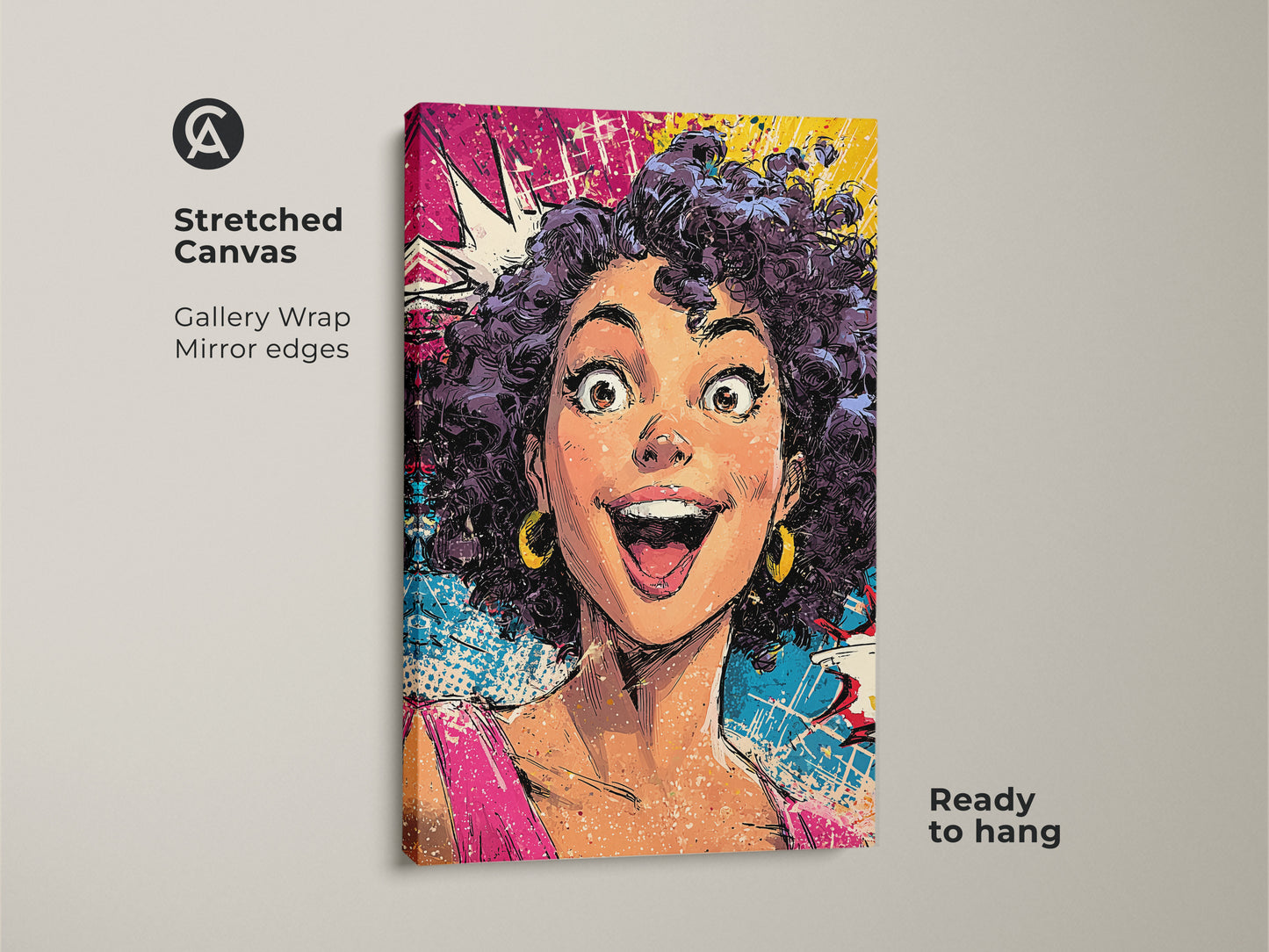 Stretched canvas of a pop art woman portrait. The gallery wrapped canvas is ready to hang. The artwork showcases a comic book style with mirror edges. The pink yellow and blue colors make this a unique piece for eclectic bedroom wall art. This graphic novel art print brings a modern comic art flair