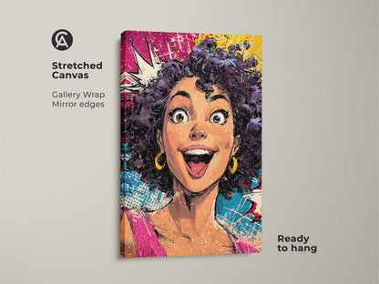 Stretched canvas of a pop art woman portrait. The gallery wrapped canvas is ready to hang. The artwork showcases a comic book style with mirror edges. The pink yellow and blue colors make this a unique piece for eclectic bedroom wall art. This graphic novel art print brings a modern comic art flair