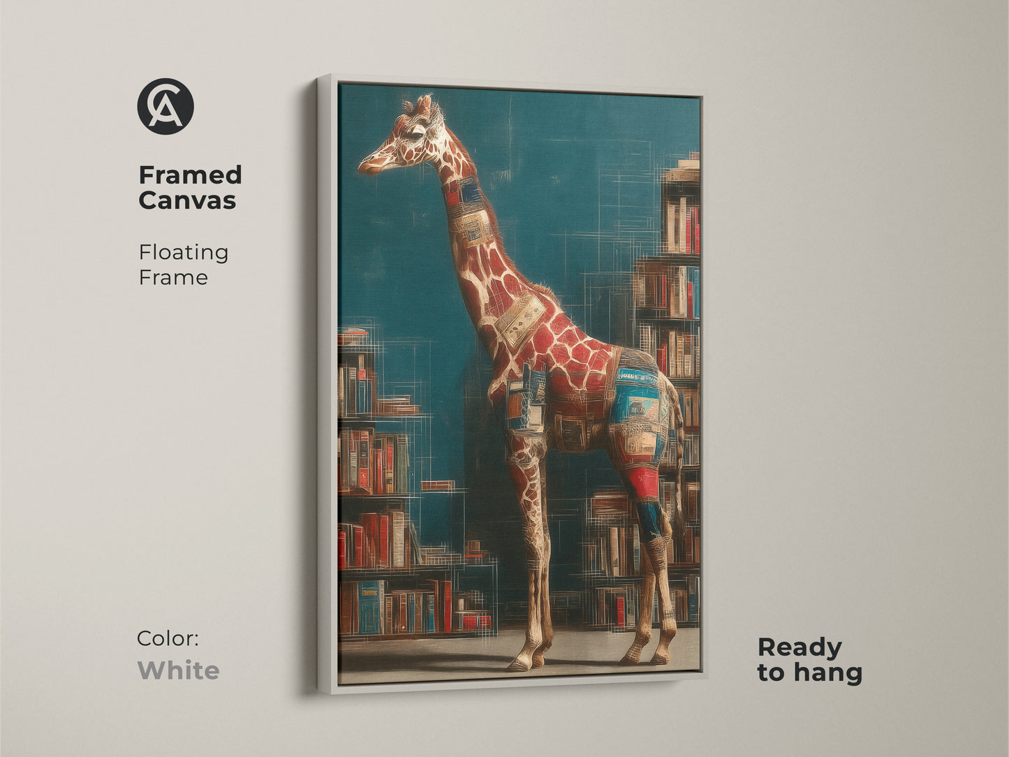 This framed canvas in white features a surreal giraffe. This animal wall decor is ready to hang and is a unique wall art print. The art piece is perfect for eclectic study room decor.
