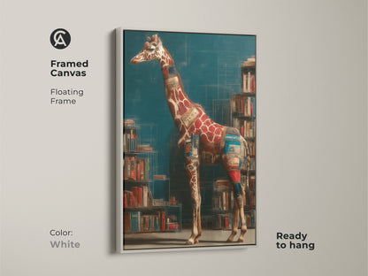 This framed canvas in white features a surreal giraffe. This animal wall decor is ready to hang and is a unique wall art print. The art piece is perfect for eclectic study room decor.