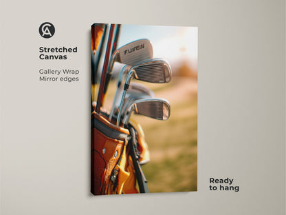 Stretched canvas gallery wrap of golf clubs in a tan golf bag. Mirror edges and ready to hang. Get this museum-quality golf artwork now. Perfect for golf lovers and sports art collectors