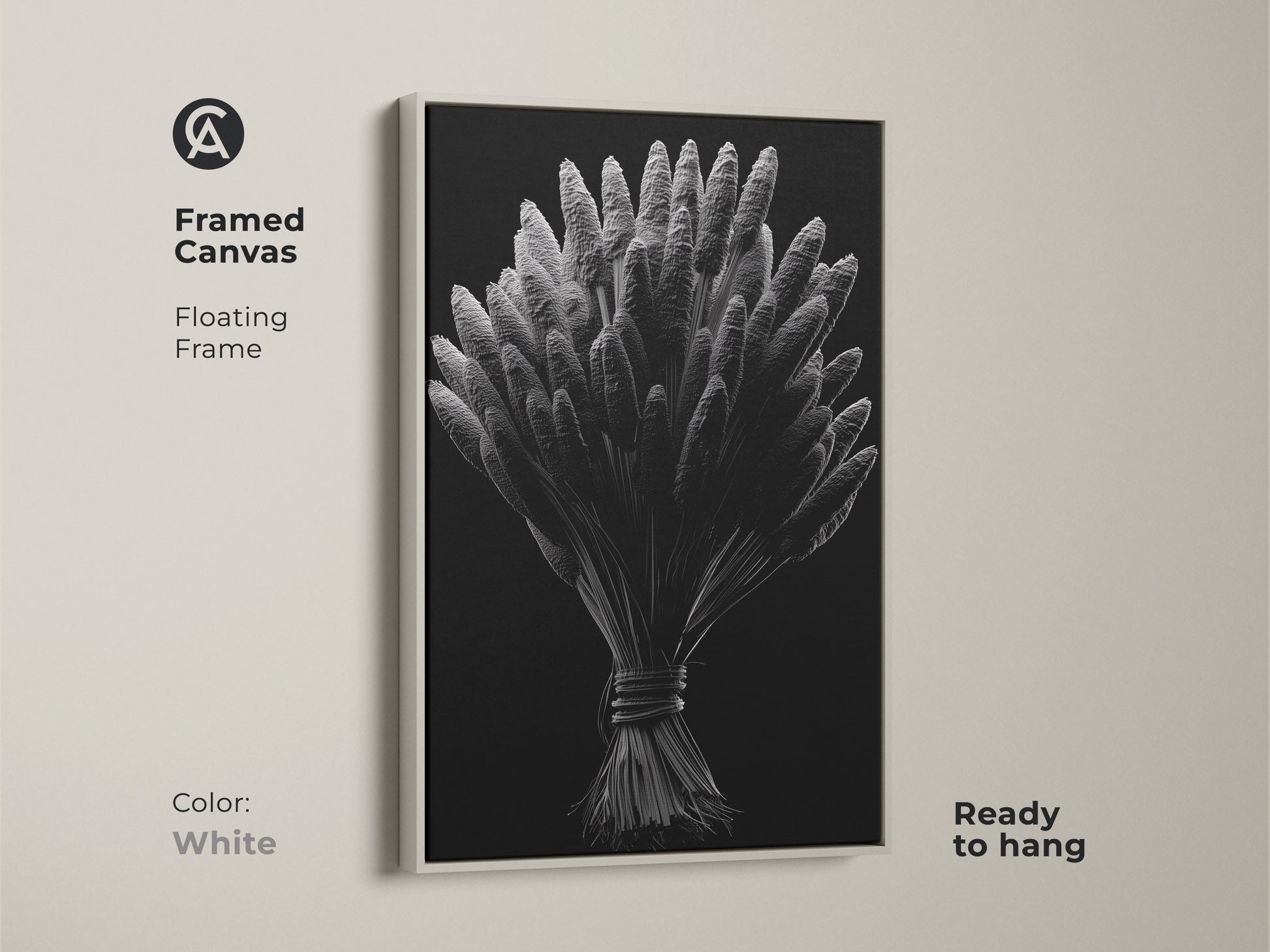 Framed canvas displaying botanical artwork. The silver wheat illustration comes in a floating white frame. Enhance your home with sophisticated wall art. It is ready to hang. Shop framed art now.