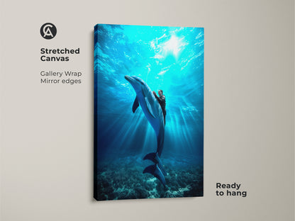 Explore this photorealistic dolphin art on stretched canvas. It features a deep blue underwater scene. This aquatic artwork is ready to hang. It will bring coastal home decor vibes. Experience the ocean adventure wall art.