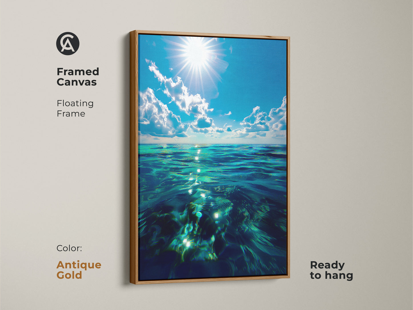 This framed canvas art presents photorealistic ocean waves with an antique gold floating frame. This coastal wall art decor is ready to hang. This deep blue ocean artwork is perfect for a beach house. It's a captivating piece of wall art.