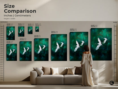 Size comparison of modern emerald green cranes canvas. See how this teal abstract bird art fits over a sofa. This flying cranes wall art adds a touch of contemporary nature to your home decor.