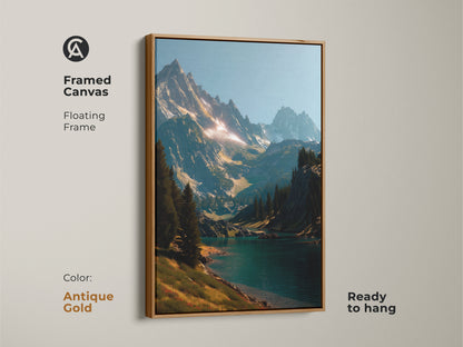 Framed canvas artwork featuring a mountain lake landscape. The floating frame adds a touch of sophistication. Ready to hang. The antique gold frame brings a classic touch. Elevate your home decor with this exquisite mountain art. Perfect for any room.