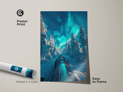 Poster print displaying a captivating winter forest scene. The artwork features snow-covered trees a pipeline and the Aurora Borealis. Easy to frame this museum-quality paper print brings the beauty of winter indoors.