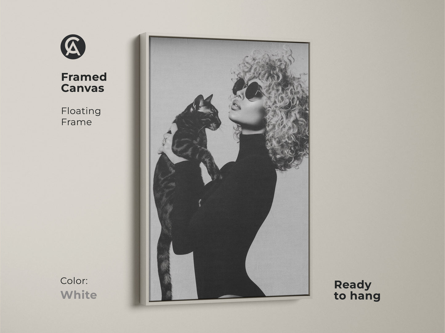 Framed canvas print in a white floating frame featuring monochrome art of a woman with a cat. The black and white portrait offers a contemporary elegant touch to home decor. This ready-to-hang artwork is a chic and unique gift for cat moms enhancing any living space.