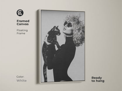 Framed canvas print in a white floating frame featuring monochrome art of a woman with a cat. The black and white portrait offers a contemporary elegant touch to home decor. This ready-to-hang artwork is a chic and unique gift for cat moms enhancing any living space.