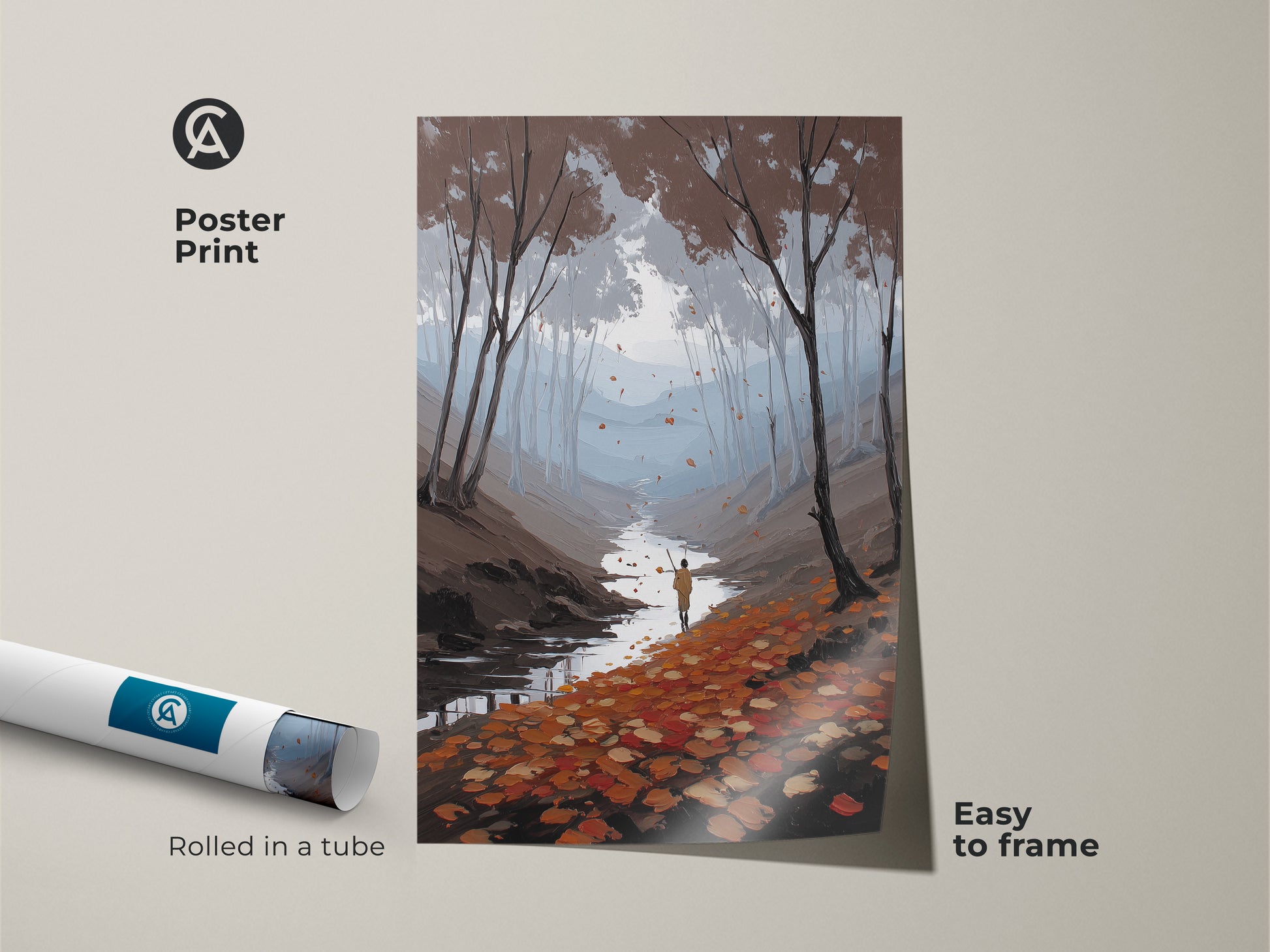 Poster Print of autumn forest river art. The impressionist landscape print shows a hiker walking a nature scene. Easy to frame and rolled in a tube. The Scandinavian style decor is ideal as a housewarming gift art.