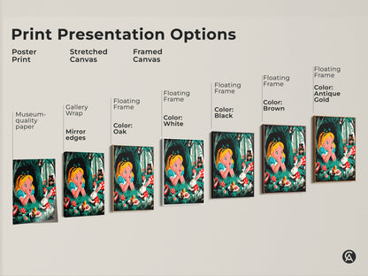 Explore Alice in Wonderland art print options. Choose from a poster stretched canvas or framed canvas. Multiple floating frame colors are available. Find the perfect retro art for whimsical animal decor or a kids room with fairytale artwork.