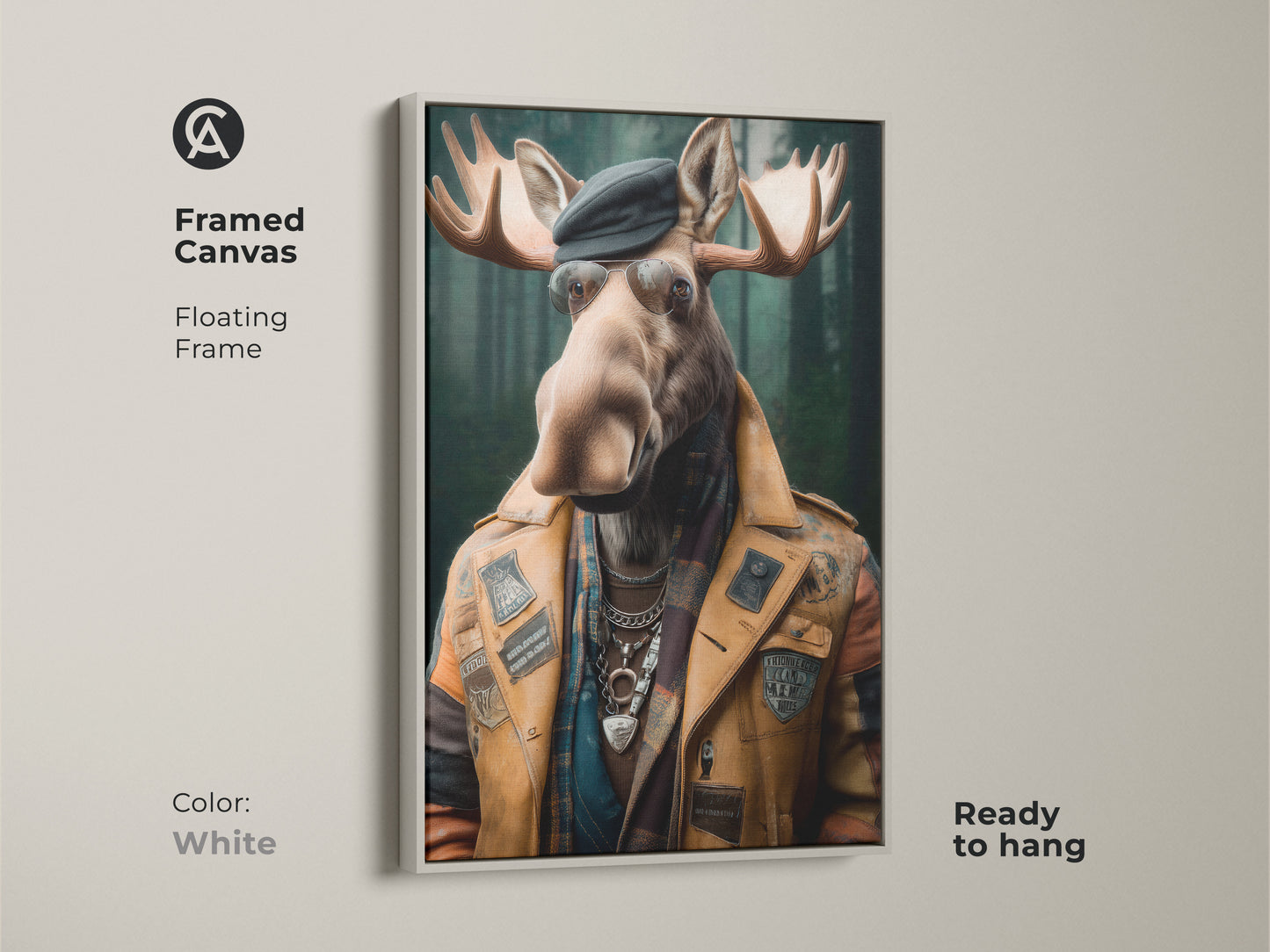 Framed canvas presenting the 'Dapper Moose' artwork. It features a white floating frame. This surreal animal portrait offers an eclectic look. Ready to hang and adds character to any space.