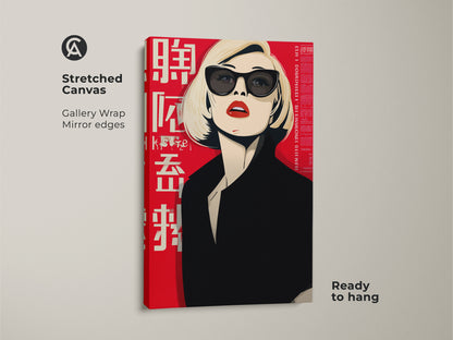 Stretched canvas of a pop art woman print ready to hang. This gallery-wrapped canvas shows mirror edges. The retro fashion portrait features red sunglasses. Ideal contemporary home decor.