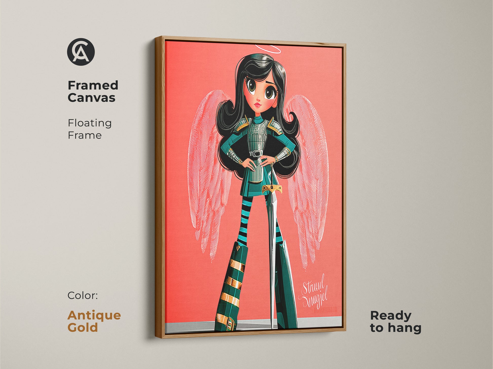 This framed canvas presents the cute cartoon angel print. It showcases a floating frame in antique gold. It is a unique fantasy poster which is ready to hang. Great decor for an eclectic space.