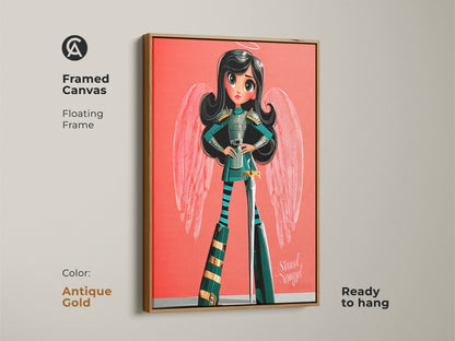 This framed canvas presents the cute cartoon angel print. It showcases a floating frame in antique gold. It is a unique fantasy poster which is ready to hang. Great decor for an eclectic space.