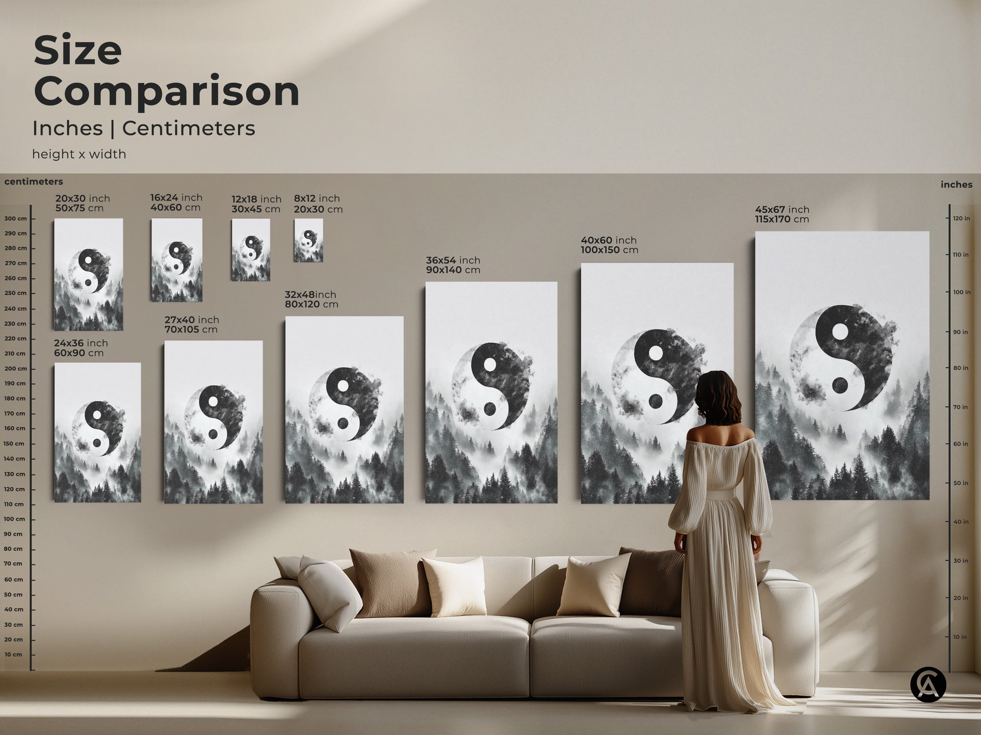 Size comparison of Yin Yang art in inches and centimeters. See how different sizes of this monochrome forest print look in a living room. Find the ideal minimalist zen decor for your space.