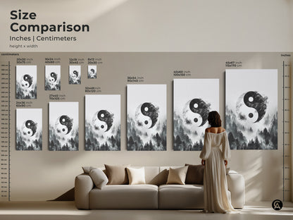 Size comparison of Yin Yang art in inches and centimeters. See how different sizes of this monochrome forest print look in a living room. Find the ideal minimalist zen decor for your space.