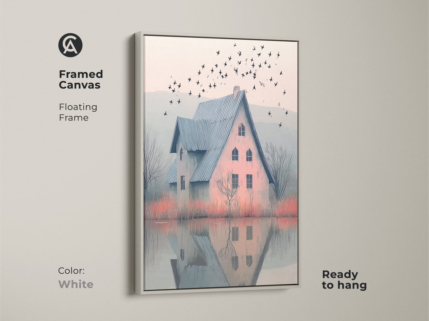 White framed canvas of a farmhouse. It has a blue roof house by a misty lake and birds in flight. The floating frame is ready to hang. This painterly style art will look great in any room.