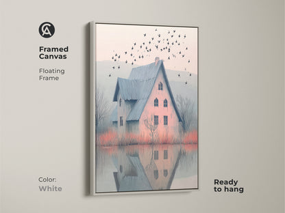 White framed canvas of a farmhouse. It has a blue roof house by a misty lake and birds in flight. The floating frame is ready to hang. This painterly style art will look great in any room.