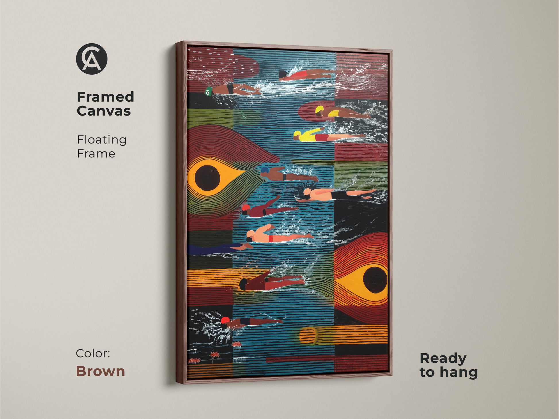 This framed canvas displays abstract swimmers in mid-century modern style. The floating frame is brown adding a natural touch. It is ready to hang and perfect for any room. The artwork uses blue orange and red tones. This swimming abstract canvas enhances your decor. It's a unique gift.