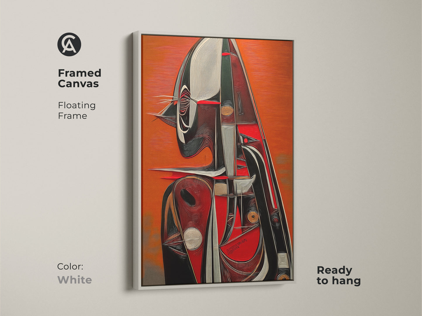 White framed canvas featuring abstract expressionism. The tangerine red contrasts against the modern white floating frame. Ready to hang geometric figure art print. Shop now for unique eclectic decor.