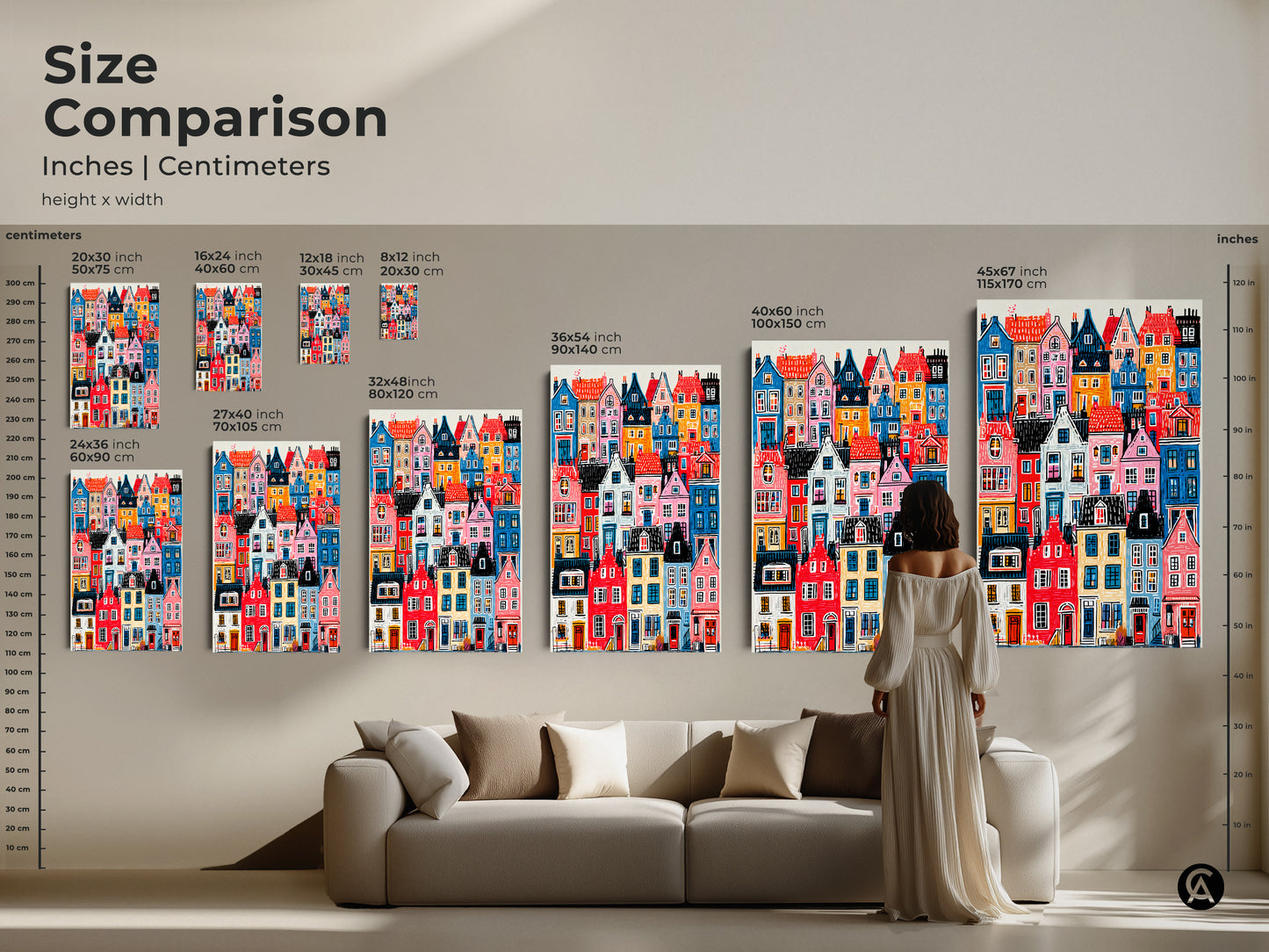 Size comparison of colorful houses art. See the artwork in various sizes in inches and centimeters. Perfect for visualizing the artwork in your home. Find the ideal fit for your space. Decorative art.