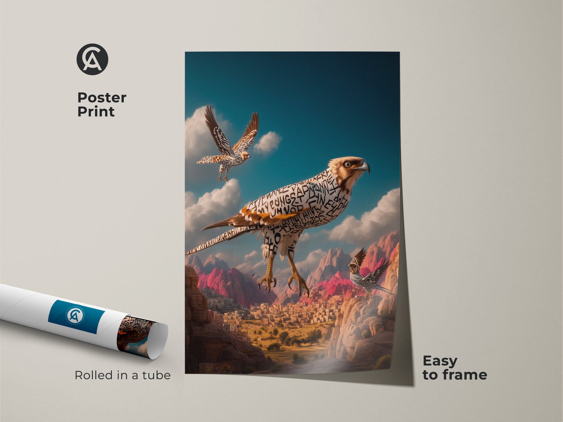 Poster print features surreal falcon art with Arabic calligraphy. The artwork has a desert landscape background. This unique animal wall art is rolled in a tube and easy to frame. The terracotta sky blue and teal artwork suits a study room. Ideal as a housewarming gift.