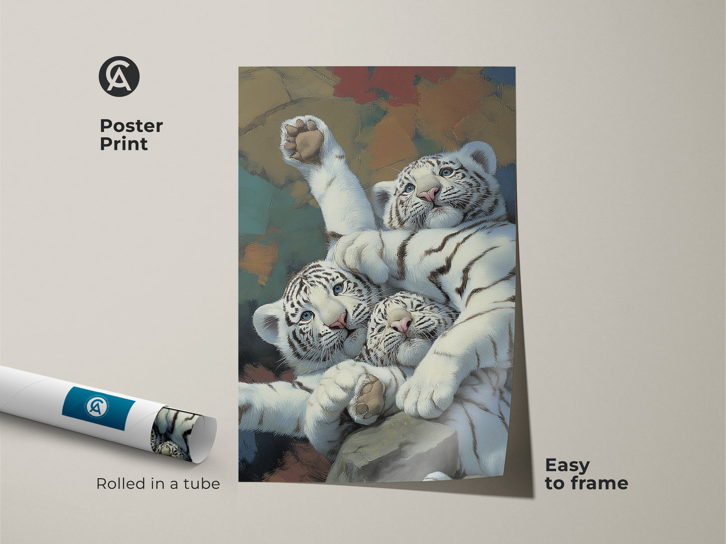 Poster print of realistic white tiger cubs art rolled in a tube. This wildlife feline canvas print is easy to frame. The newborn tiger painting art makes a great animal lover gift. Enhance your eclectic home decor with this tiger cub nursery decor. This wild animal painting print is perfect for any room.