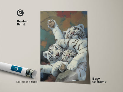 Poster print of realistic white tiger cubs art rolled in a tube. This wildlife feline canvas print is easy to frame. The newborn tiger painting art makes a great animal lover gift. Enhance your eclectic home decor with this tiger cub nursery decor. This wild animal painting print is perfect for any room.
