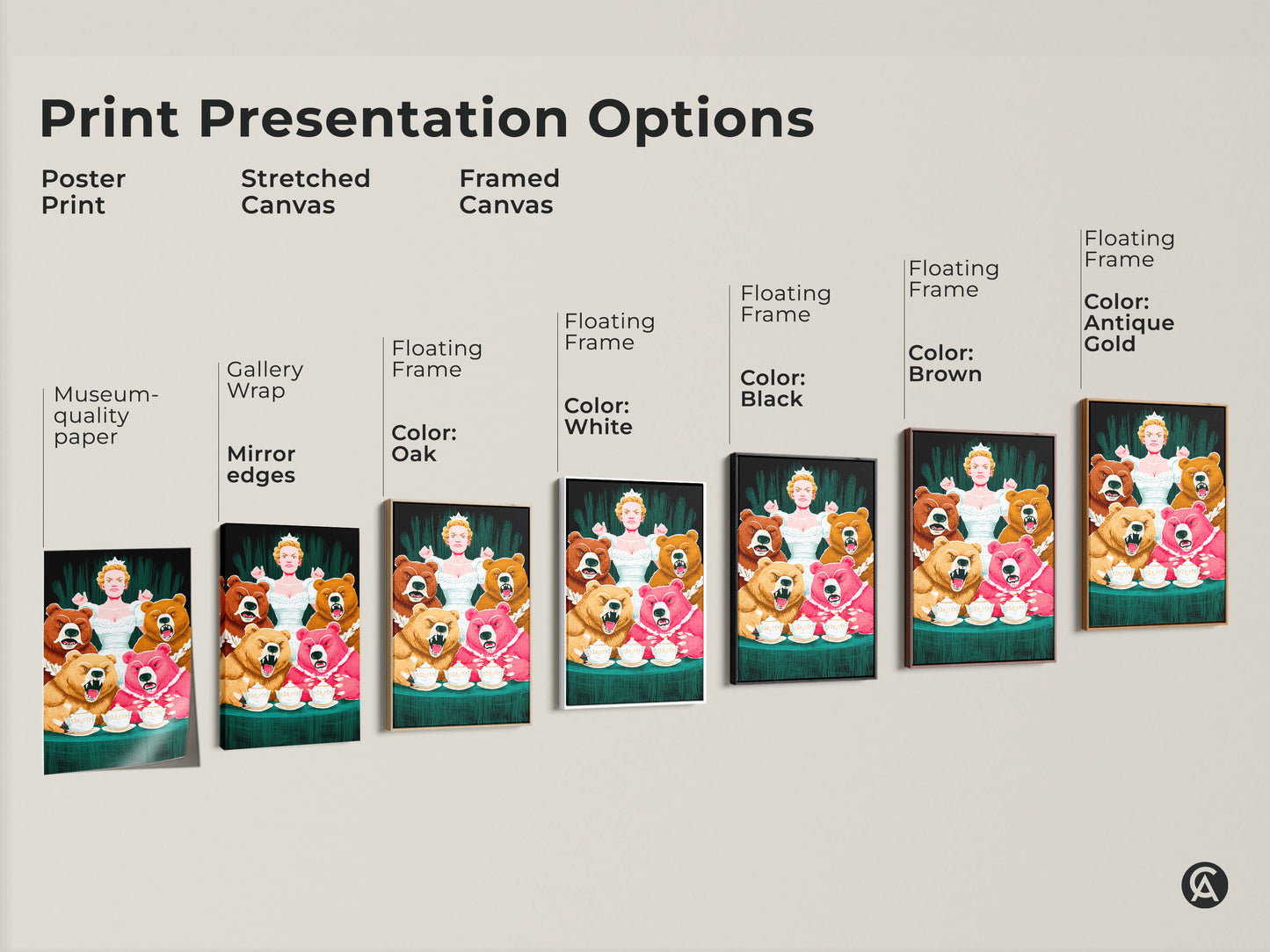 Print presentation options for the Bear Queen art print. Options include poster print stretched canvas and framed canvas. Each enhances the colorful animal themed artwork for home or office decor. A unique gift for fantasy lovers.