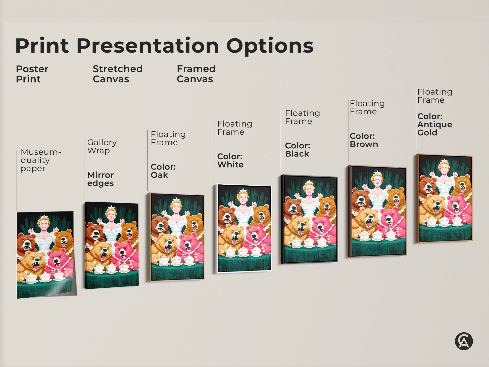 Print presentation options for the Bear Queen art print. Options include poster print stretched canvas and framed canvas. Each enhances the colorful animal themed artwork for home or office decor. A unique gift for fantasy lovers.