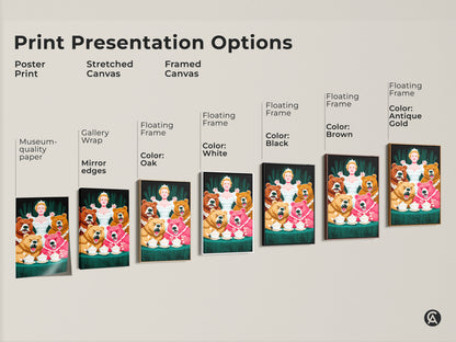 Print presentation options for the Bear Queen art print. Options include poster print stretched canvas and framed canvas. Each enhances the colorful animal themed artwork for home or office decor. A unique gift for fantasy lovers.