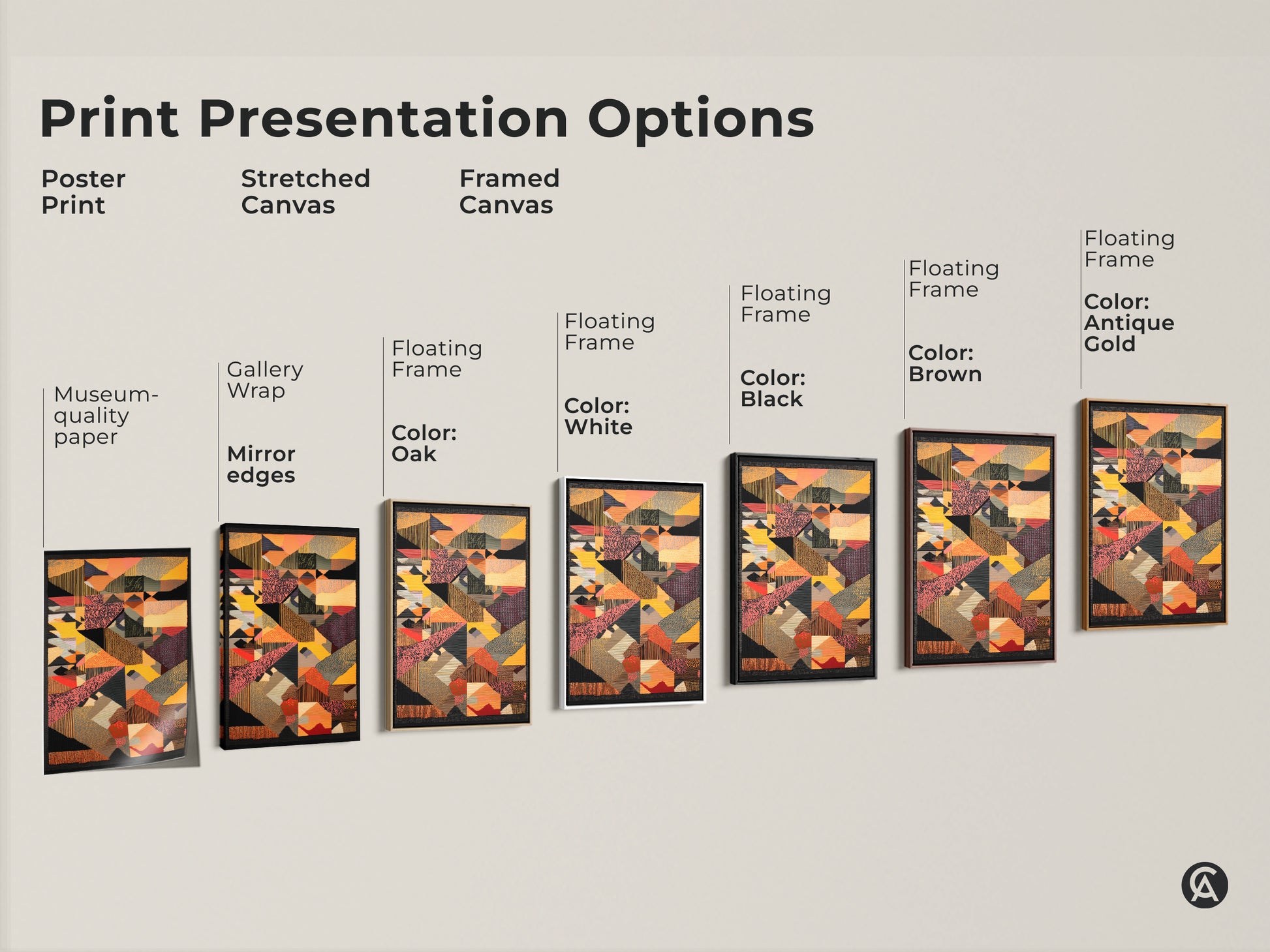 Explore print presentation options for abstract geometric wall art. Choose from poster prints to stretched canvases to framed canvases. Find the perfect mid-century modern artwork in yellow red and orange for your eclectic space.