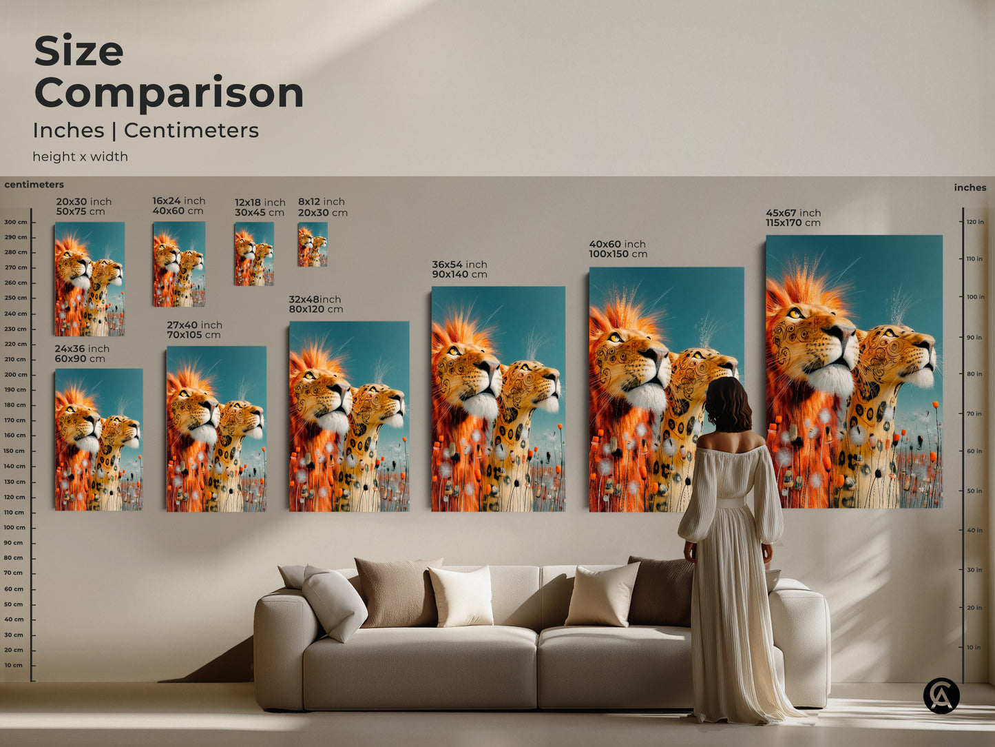 Size comparison of lion and leopard artwork inches and centimeters. Gold and teal animal canvas in various dimensions. This illustrative wildlife art can transform any room. Choose the ideal size.