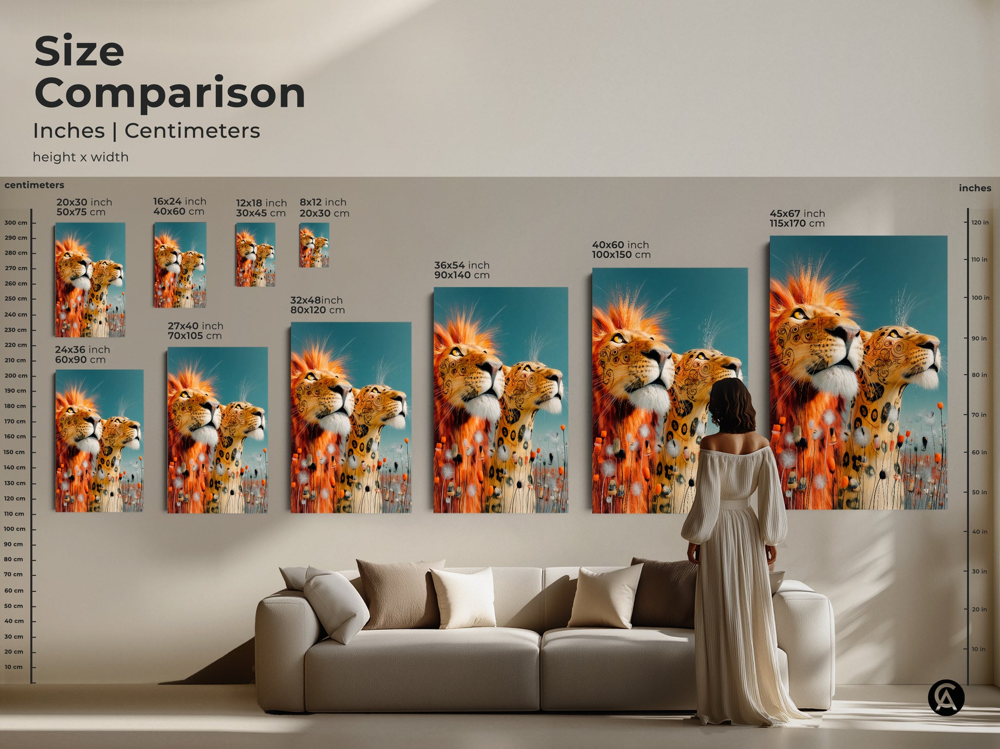Size comparison of lion and leopard artwork inches and centimeters. Gold and teal animal canvas in various dimensions. This illustrative wildlife art can transform any room. Choose the ideal size.