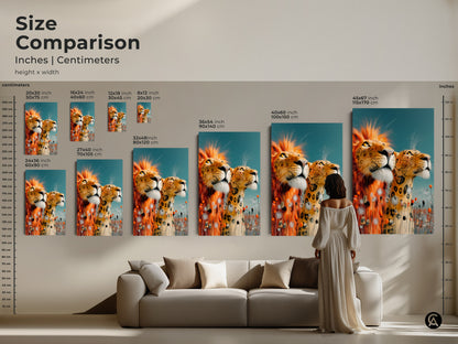 Size comparison of lion and leopard artwork inches and centimeters. Gold and teal animal canvas in various dimensions. This illustrative wildlife art can transform any room. Choose the ideal size.