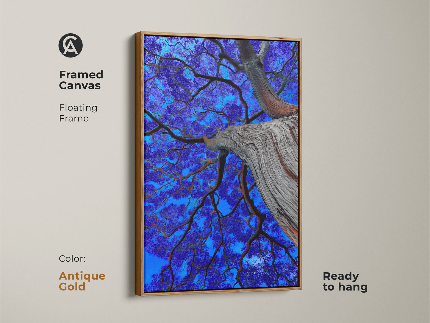 Framed abstract botanical artwork with an antique gold floating frame. This electric blue tree art is a unique tree gift. The surreal nature print is ready to hang. Eclectic wall decor for nature lovers.