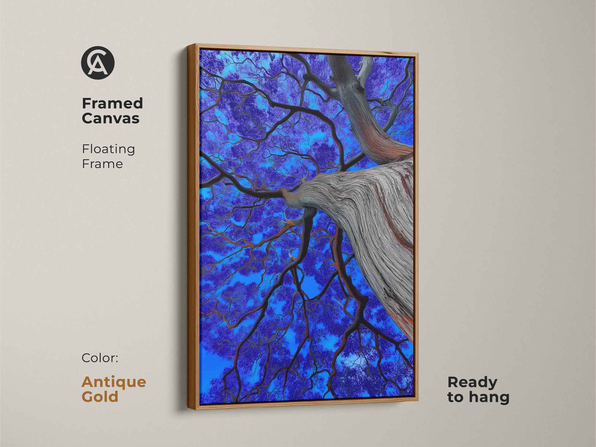 Framed abstract botanical artwork with an antique gold floating frame. This electric blue tree art is a unique tree gift. The surreal nature print is ready to hang. Eclectic wall decor for nature lovers.