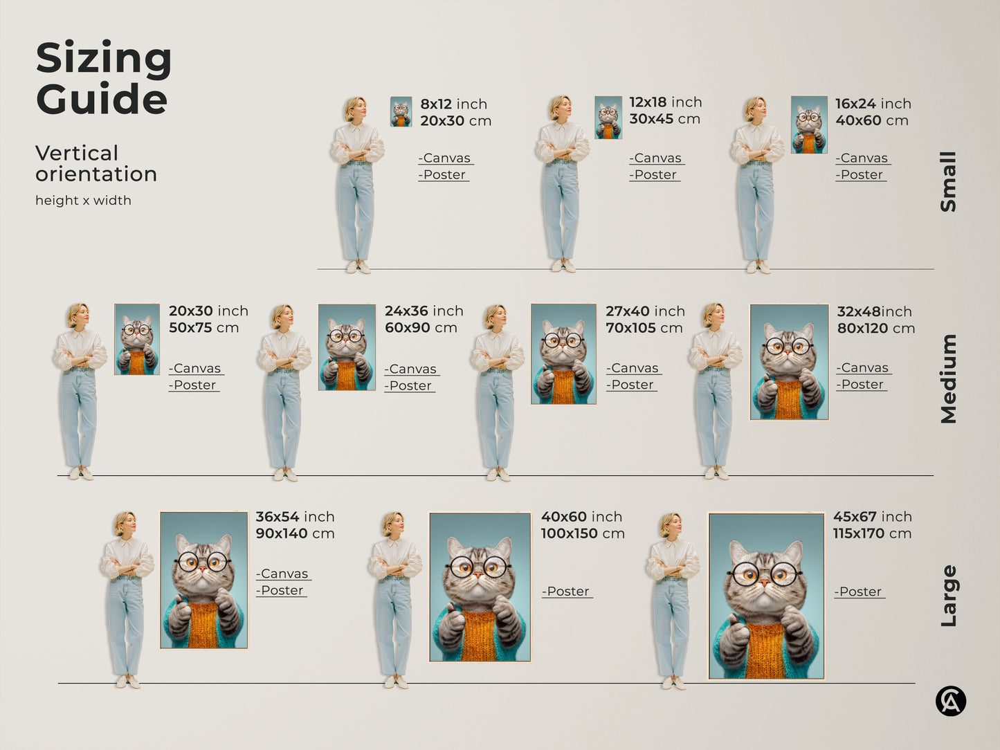 Explore the sizing guide for this quirky cat art. Visualize the vertical orientation in various sizes. See how the canvas and poster prints fit in different spaces. Choose the perfect size for your funny animal canvas art. Decorate your home with this eclectic and unique piece.