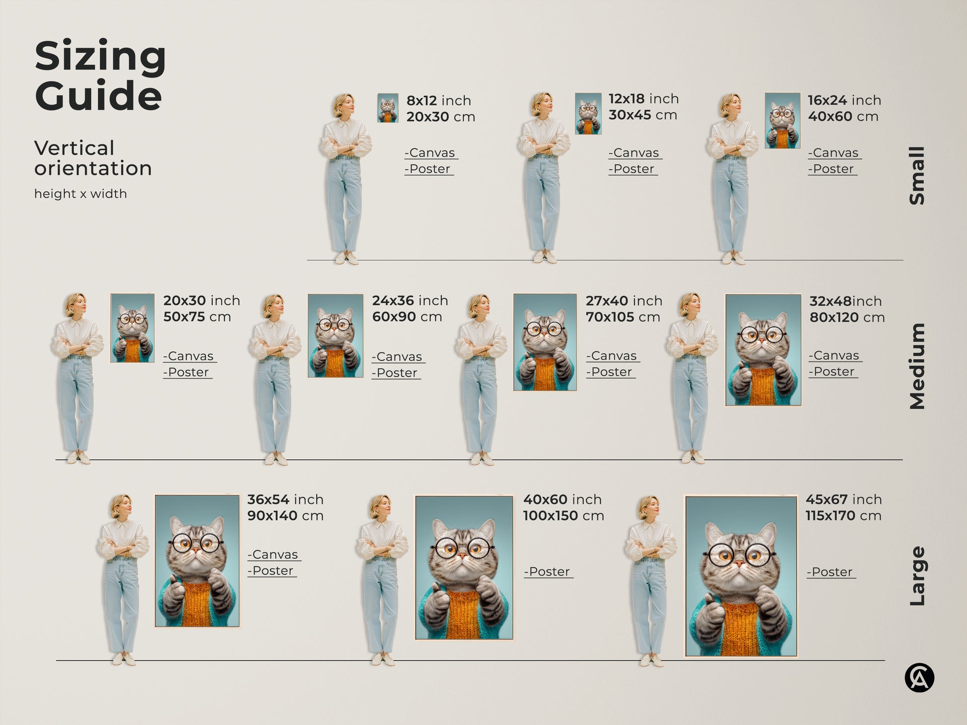 Explore the sizing guide for this quirky cat art. Visualize the vertical orientation in various sizes. See how the canvas and poster prints fit in different spaces. Choose the perfect size for your funny animal canvas art. Decorate your home with this eclectic and unique piece.