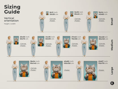 Explore the sizing guide for this quirky cat art. Visualize the vertical orientation in various sizes. See how the canvas and poster prints fit in different spaces. Choose the perfect size for your funny animal canvas art. Decorate your home with this eclectic and unique piece.