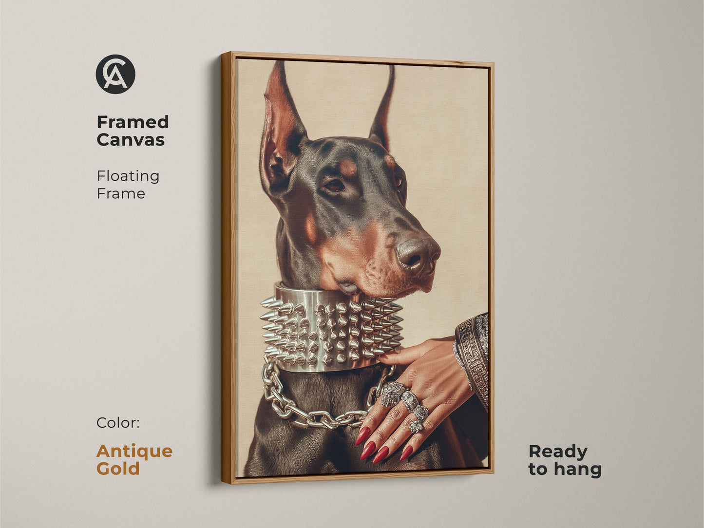 Elevate your space with this framed canvas featuring a Doberman in a spiked collar. The floating frame in antique gold adds a modern touch. The artwork is ready to hang. This pet portrait art print is a unique gift for Doberman owners. Dark academia wall decor.