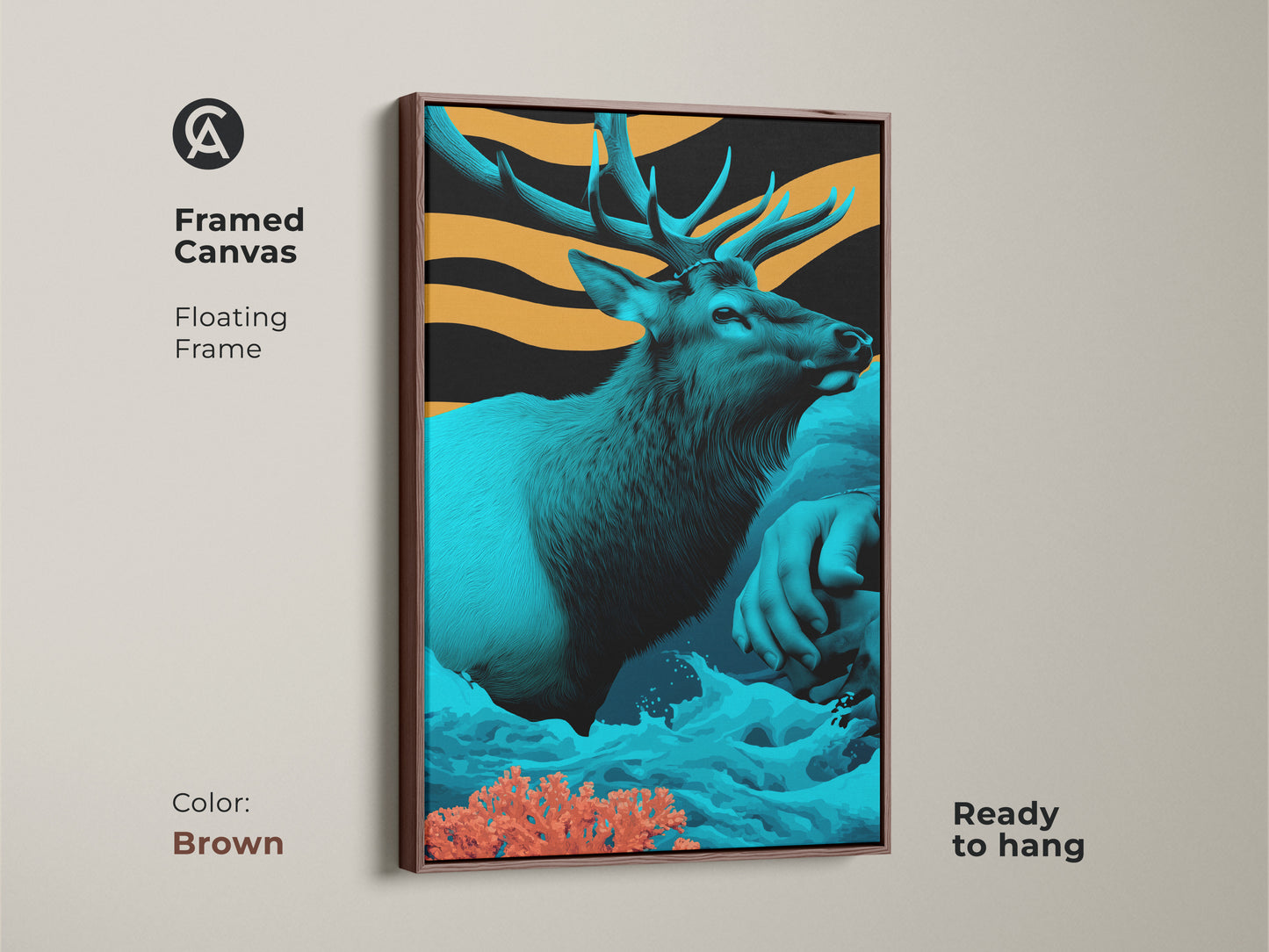 This framed canvas features surreal teal and orange elk art in a floating brown frame. The wildlife animal artwork adds a touch of eclectic style. It's ready to hang creating a sophisticated and modern aesthetic. It makes a thoughtful housewarming gift.
