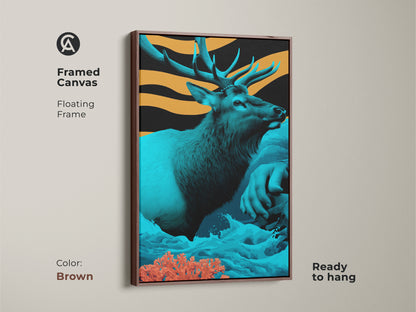 This framed canvas features surreal teal and orange elk art in a floating brown frame. The wildlife animal artwork adds a touch of eclectic style. It's ready to hang creating a sophisticated and modern aesthetic. It makes a thoughtful housewarming gift.